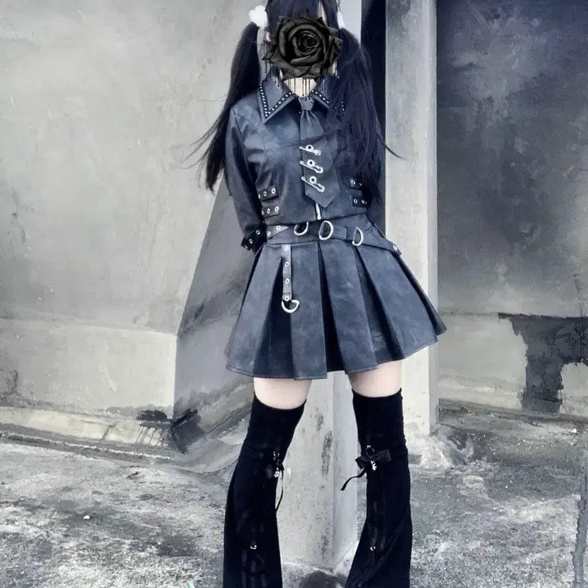 [BUNJANG] Subculture Jacket &amp; Skirt Set / 지뢰계 서브컬처 자켓+스커트 세트 매트 가죽 느낌 메탈 장식