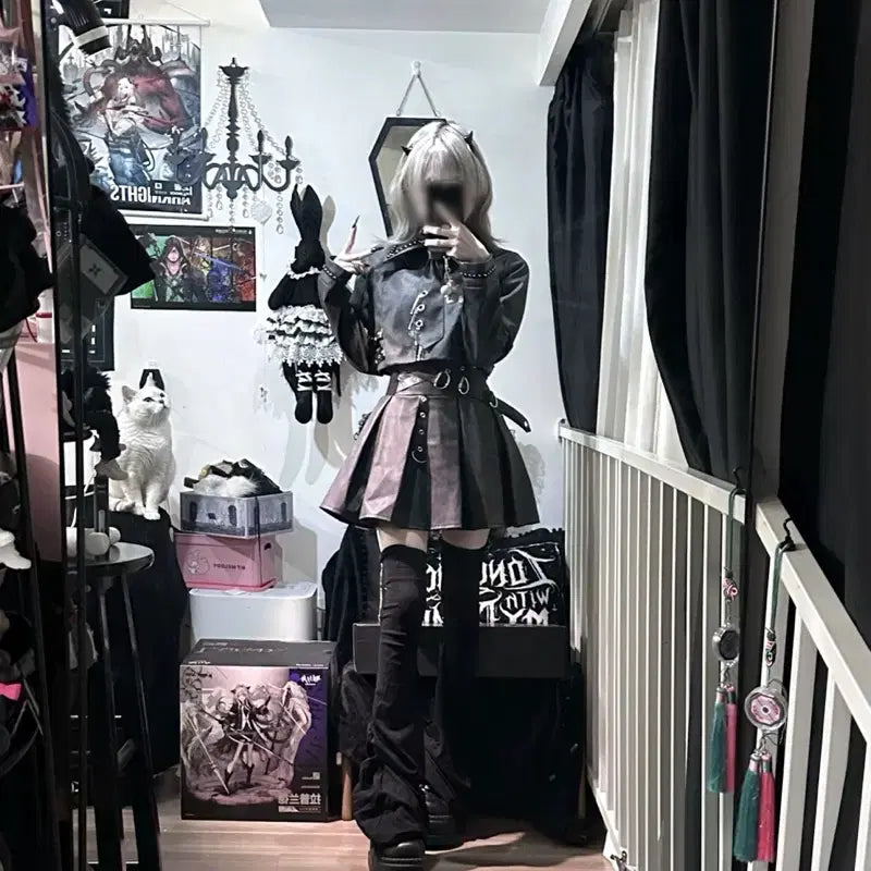 [BUNJANG] Subculture Jacket &amp; Skirt Set / 지뢰계 서브컬처 자켓+스커트 세트 매트 가죽 느낌 메탈 장식