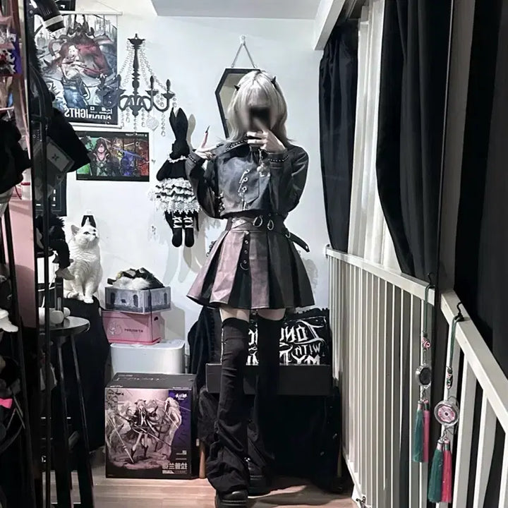 [BUNJANG] Subculture Jacket &amp; Skirt Set / 지뢰계 서브컬처 자켓+스커트 세트 매트 가죽 느낌 메탈 장식