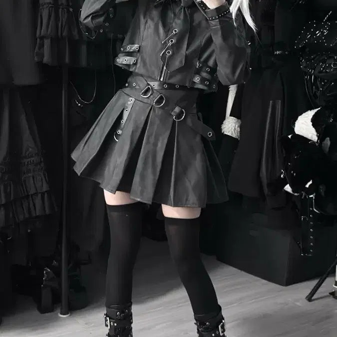 [BUNJANG] Subculture Jacket &amp; Skirt Set / 지뢰계 서브컬처 자켓+스커트 세트 매트 가죽 느낌 메탈 장식