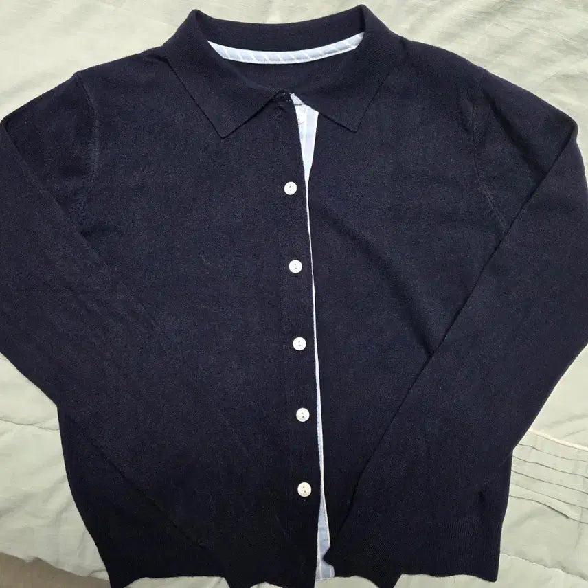 [BUNJANG] Navy Knit Cardigan / 네이비 카라넥 니트 가디건