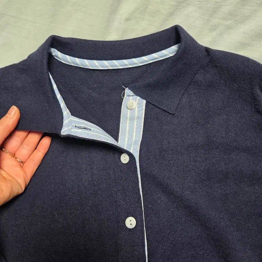 [BUNJANG] Navy Knit Cardigan / 네이비 카라넥 니트 가디건