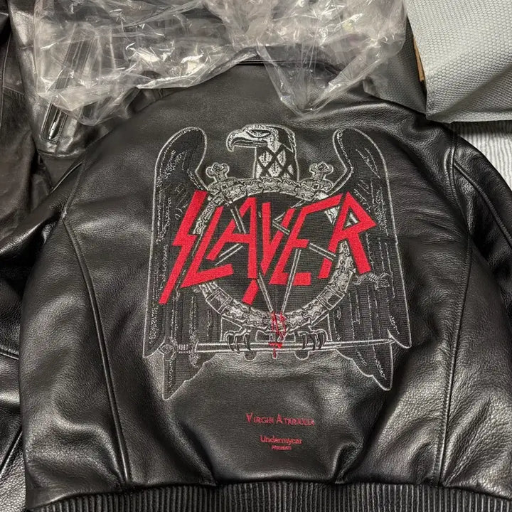 [BUNJANG] Under My Car x Slayer Embroidered Leather Jacket / (1) 언더마이카 x 슬레이어 엠브로이더드 레더 자켓