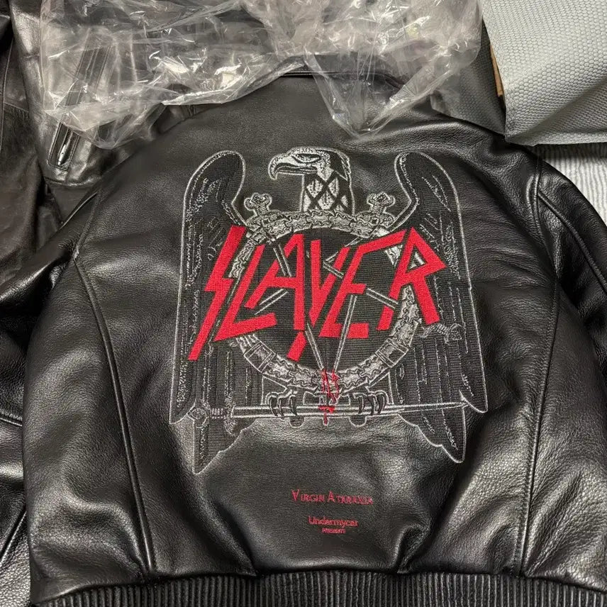 [BUNJANG] Under My Car x Slayer Embroidered Leather Jacket / (1) 언더마이카 x 슬레이어 엠브로이더드 레더 자켓