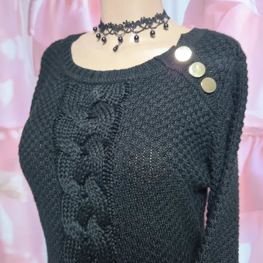 [BUNJANG] Calvin Klein Gold Button Cable Knit Dress / 캘빈클라인 금장단추 포인트 꽈배기 니트원피스