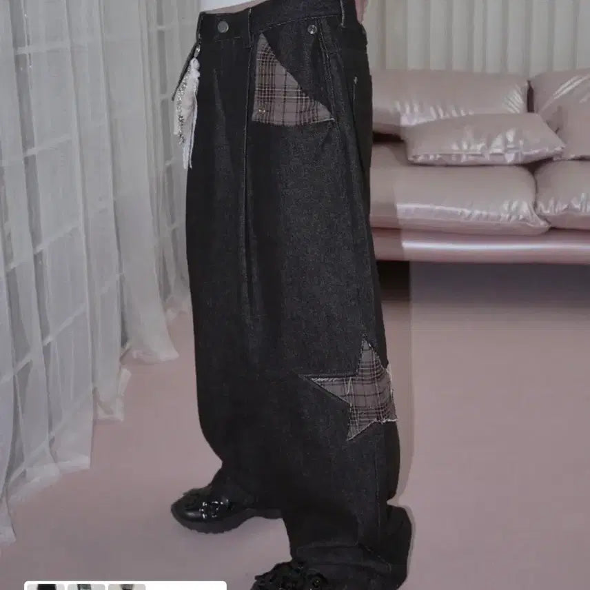 [BUNJANG] Freeda DENIM CHECK MIX PANTS INDIGO BLACK / 프렌다 DENIM CHECK MIX PANTS INDIGO BLACK