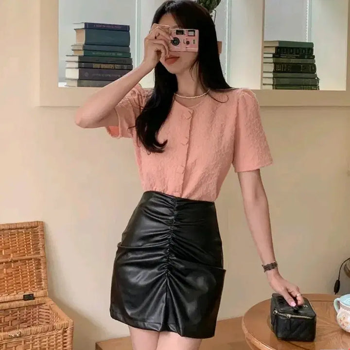 [BUNJANG] Wrinkle Design Short Sleeve Blouse / 무료배송 반팔블라우스 링클반팔블라우스