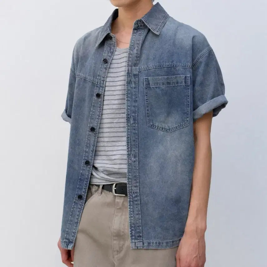 [BUNJANG] In Silence Slashed Denim Shirt / 인사일런스 슬래싱 반팔 데님 셔츠
