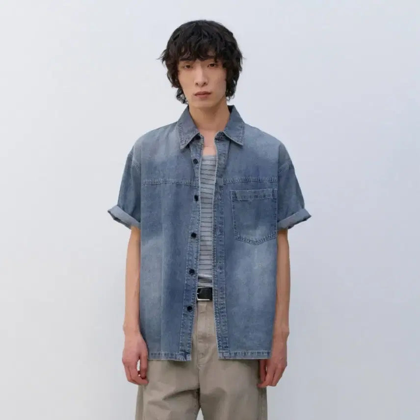 [BUNJANG] In Silence Slashed Denim Shirt / 인사일런스 슬래싱 반팔 데님 셔츠