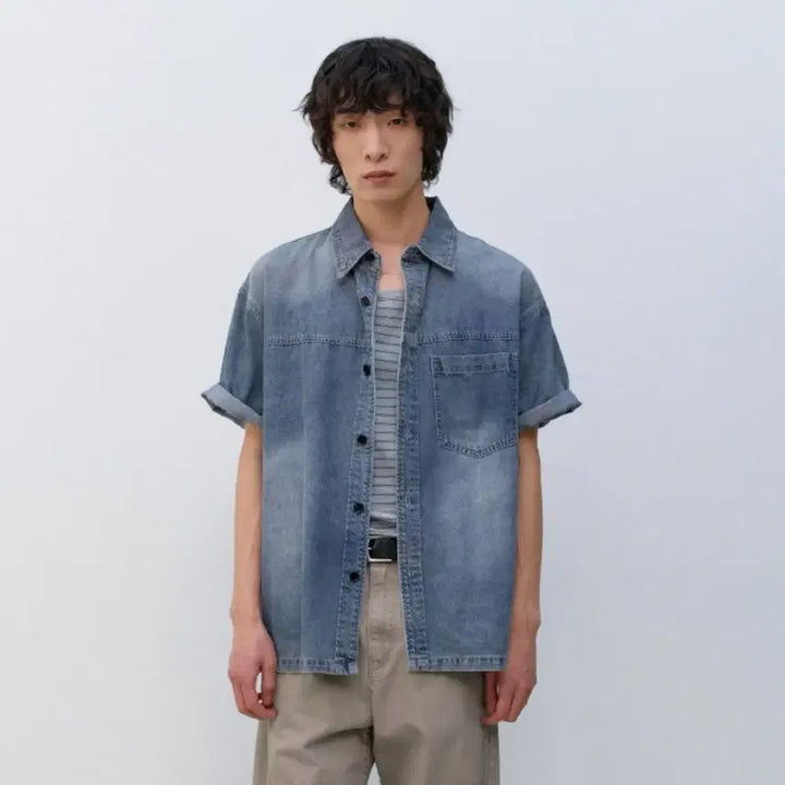 [BUNJANG] In Silence Slashed Denim Shirt / 인사일런스 슬래싱 반팔 데님 셔츠