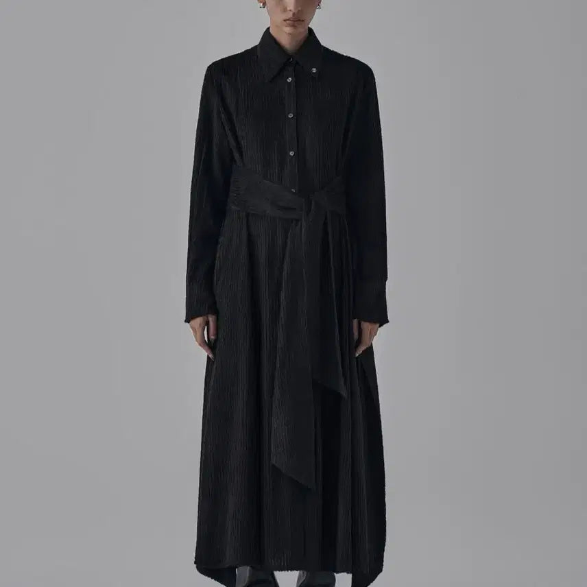 [BUNJANG] Trimming Bird Stripe Strap Long Shirt Dress Black / 트리밍버드 스트라이프 스트랩 롱 셔츠 원피스 블랙