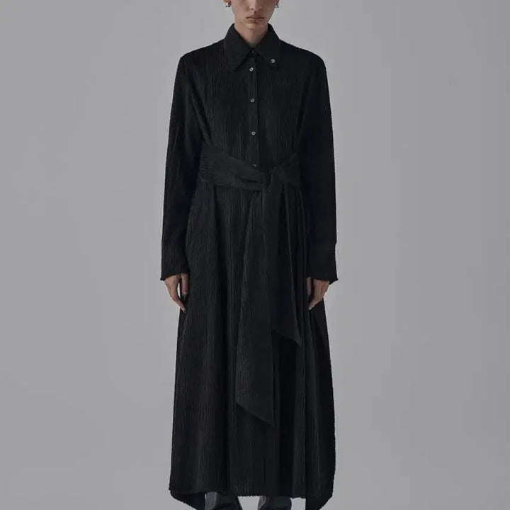 [BUNJANG] Trimming Bird Stripe Strap Long Shirt Dress Black / 트리밍버드 스트라이프 스트랩 롱 셔츠 원피스 블랙