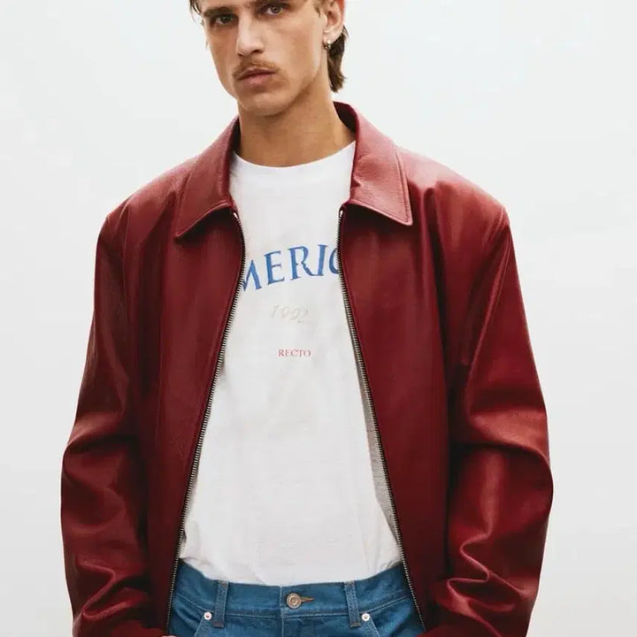 [BUNJANG] M Signature Ben 21 Leather Blouson Jacket Red / [M] 렉토 시그니처 벤 21 레더 가죽 블루종 점퍼 자켓 빈티지 레드