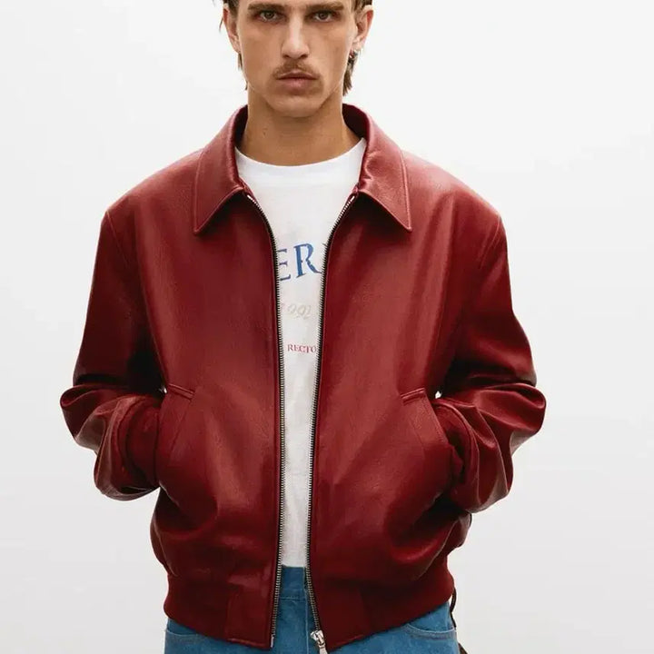 [BUNJANG] M Signature Ben 21 Leather Blouson Jacket Red / [M] 렉토 시그니처 벤 21 레더 가죽 블루종 점퍼 자켓 빈티지 레드