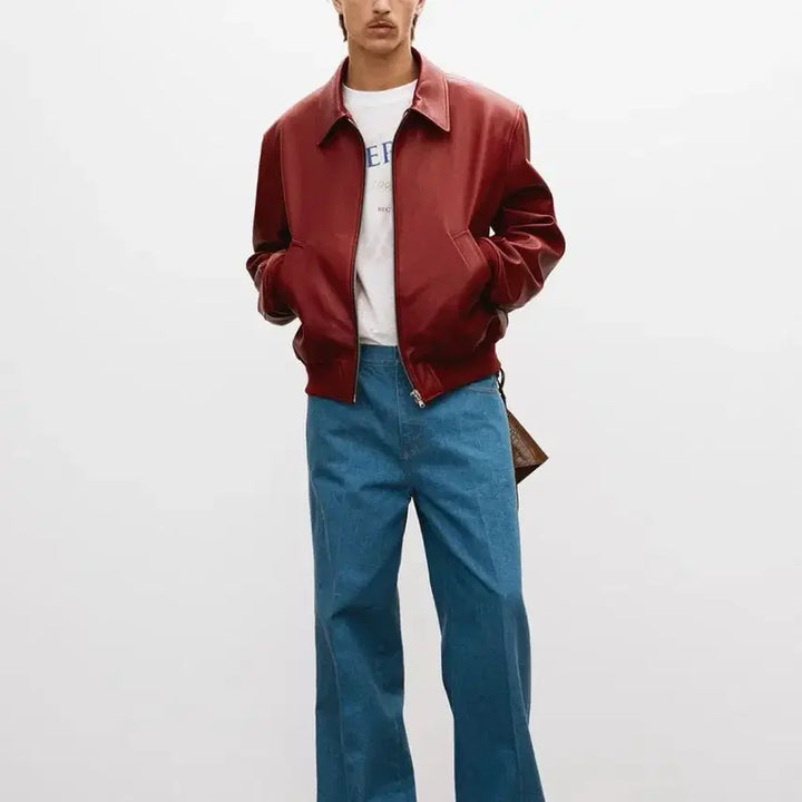 [BUNJANG] M Signature Ben 21 Leather Blouson Jacket Red / [M] 렉토 시그니처 벤 21 레더 가죽 블루종 점퍼 자켓 빈티지 레드