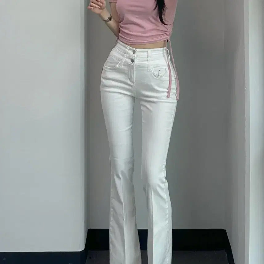 [BUNJANG] Dayoffme White Double Obi Line Bootcut Denim Jeans / 데이오프미 화이트 더블 오비 라인 레직기 롱 부츠컷 데님