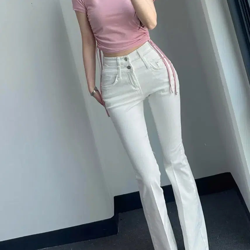[BUNJANG] Dayoffme White Double Obi Line Bootcut Denim Jeans / 데이오프미 화이트 더블 오비 라인 레직기 롱 부츠컷 데님