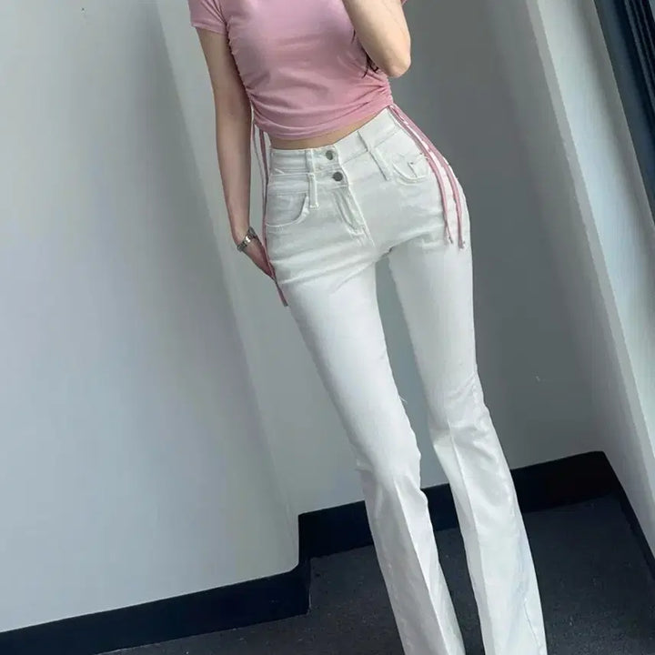 [BUNJANG] Dayoffme White Double Obi Line Bootcut Denim Jeans / 데이오프미 화이트 더블 오비 라인 레직기 롱 부츠컷 데님