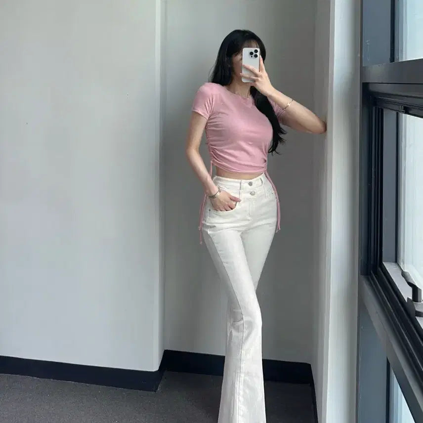 [BUNJANG] Dayoffme White Double Obi Line Bootcut Denim Jeans / 데이오프미 화이트 더블 오비 라인 레직기 롱 부츠컷 데님