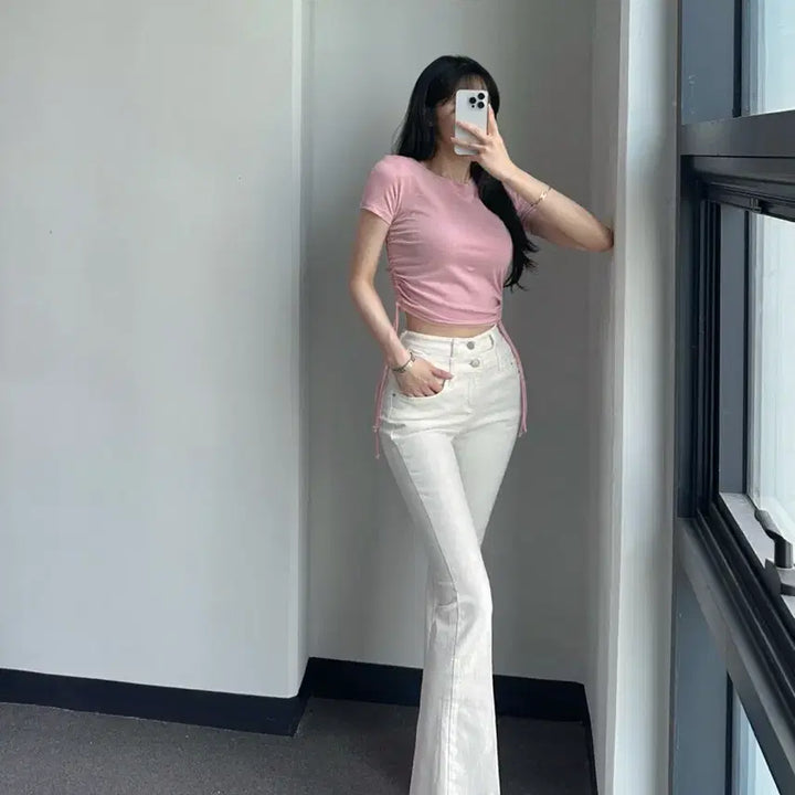 [BUNJANG] Dayoffme White Double Obi Line Bootcut Denim Jeans / 데이오프미 화이트 더블 오비 라인 레직기 롱 부츠컷 데님