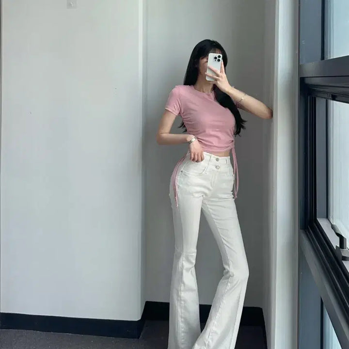 [BUNJANG] Dayoffme White Double Obi Line Bootcut Denim Jeans / 데이오프미 화이트 더블 오비 라인 레직기 롱 부츠컷 데님