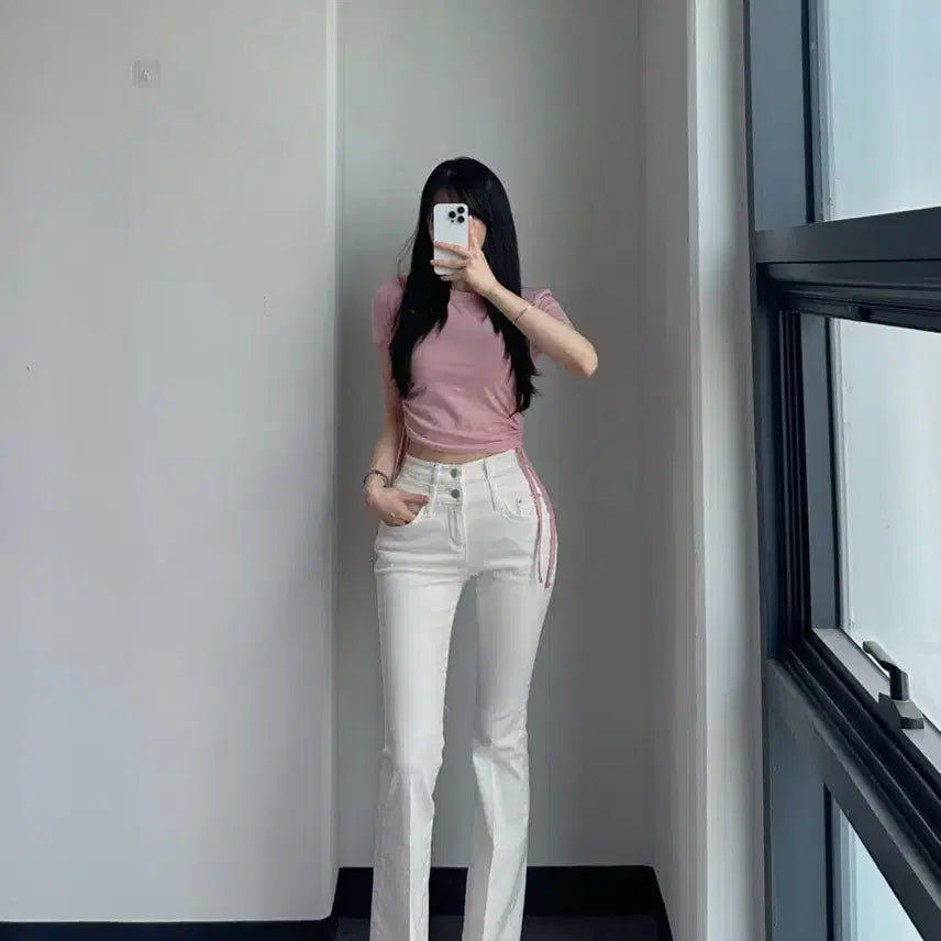 [BUNJANG] Dayoffme White Double Obi Line Bootcut Denim Jeans / 데이오프미 화이트 더블 오비 라인 레직기 롱 부츠컷 데님