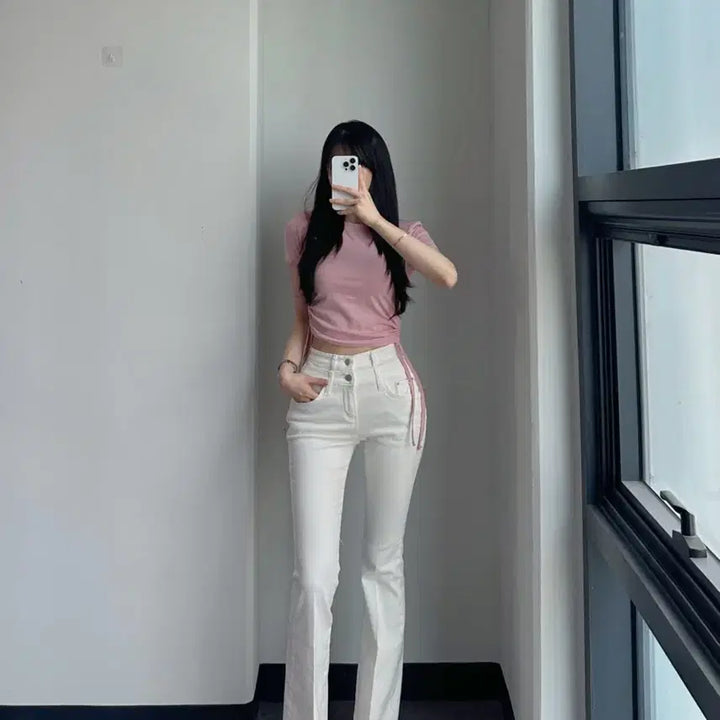 [BUNJANG] Dayoffme White Double Obi Line Bootcut Denim Jeans / 데이오프미 화이트 더블 오비 라인 레직기 롱 부츠컷 데님