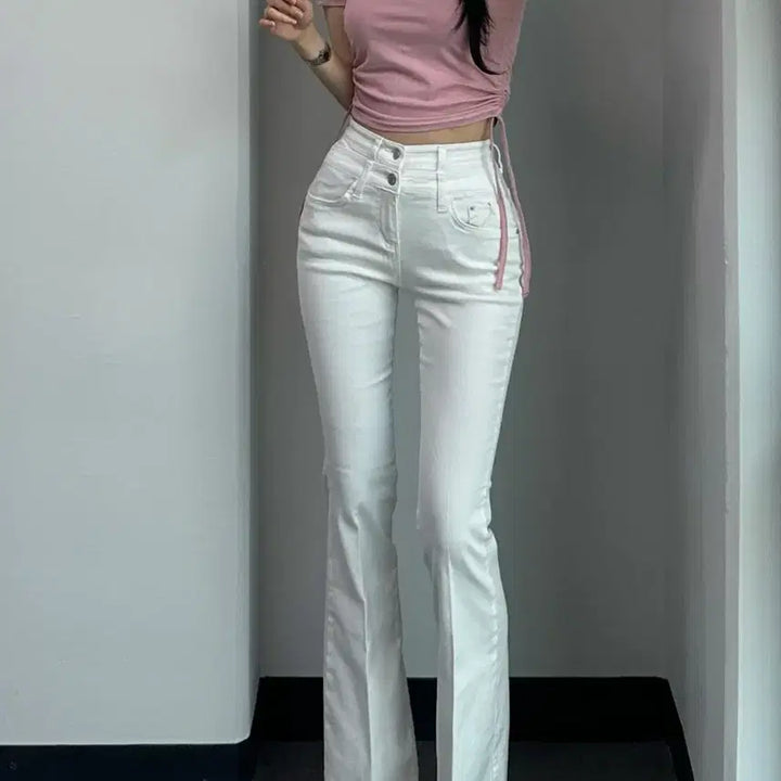 [BUNJANG] Dayoffme White Double Obi Line Bootcut Denim Jeans / 데이오프미 화이트 더블 오비 라인 레직기 롱 부츠컷 데님