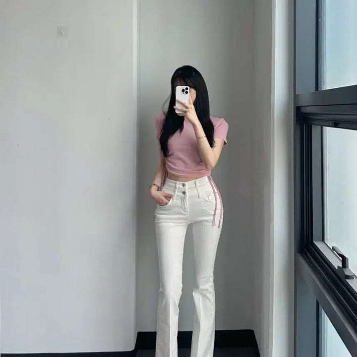 [BUNJANG] Dayoffme White Double Obi Line Bootcut Denim Jeans / 데이오프미 화이트 더블 오비 라인 레직기 롱 부츠컷 데님