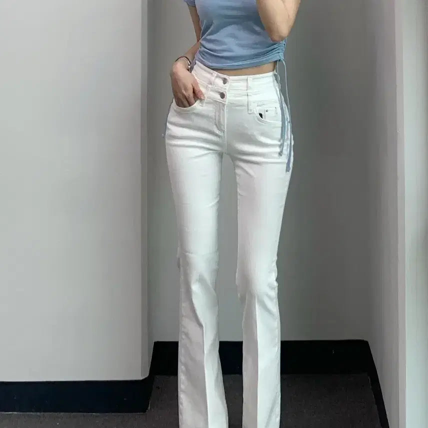 [BUNJANG] Dayoffme White Double Obi Line Bootcut Denim Jeans / 데이오프미 화이트 더블 오비 라인 레직기 롱 부츠컷 데님