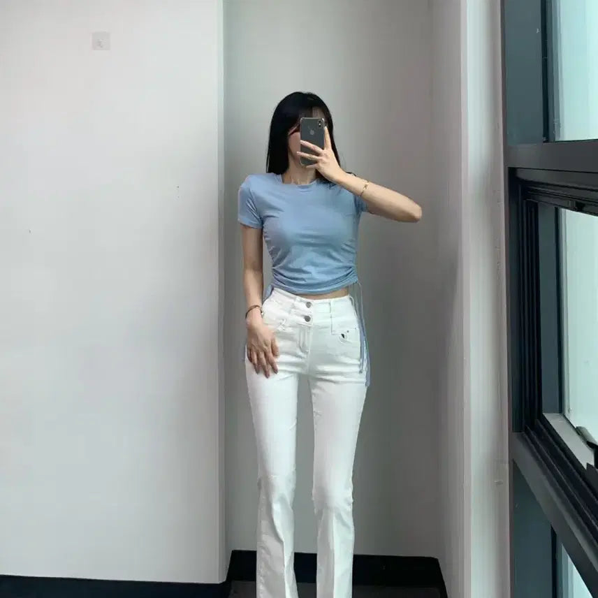 [BUNJANG] Dayoffme White Double Obi Line Bootcut Denim Jeans / 데이오프미 화이트 더블 오비 라인 레직기 롱 부츠컷 데님