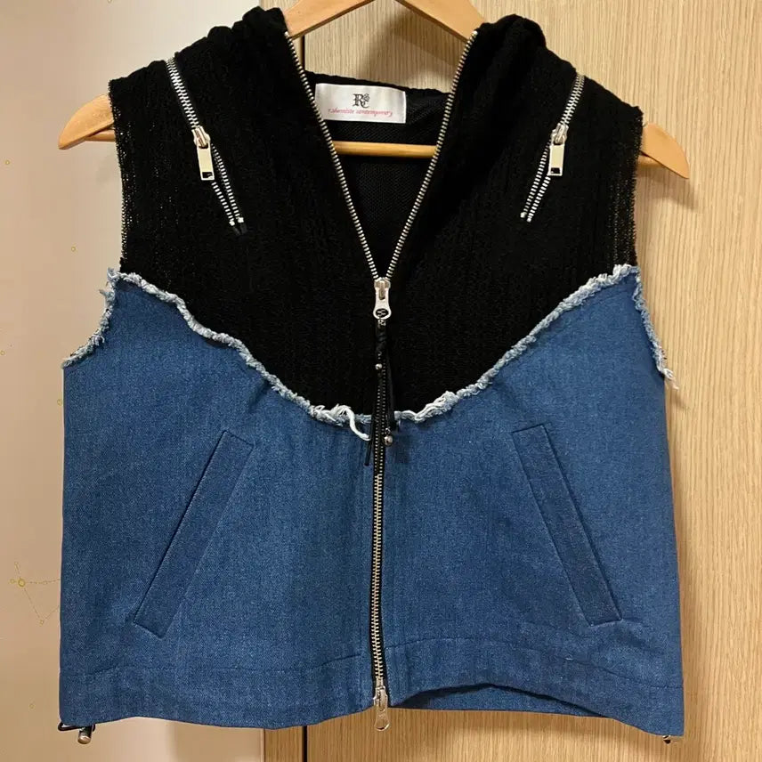 [BUNJANG] RSSC Knit Denim Hoodie Vest / 알에스에스씨 니트 데님 후드집업 베스트