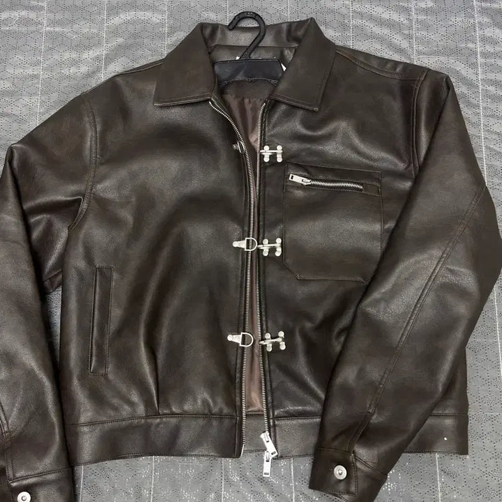[BUNJANG] Brown Leather Trucker Hook Jacket / (새상품)브라운 가죽 트러커 후크 자켓
