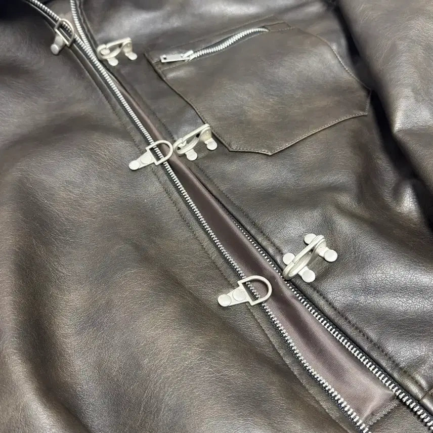 [BUNJANG] Brown Leather Trucker Hook Jacket / (새상품)브라운 가죽 트러커 후크 자켓