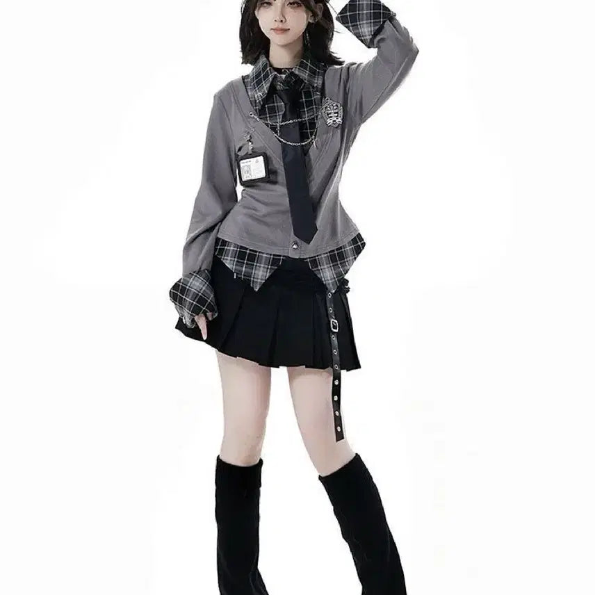 [BUNJANG] Dark Academy Checkered Layered Top &amp; Pleated Skirt Set / 다크 아카데미 체크 패턴 레이어드 상의 + 플리츠 스커트 세트(예약판매)