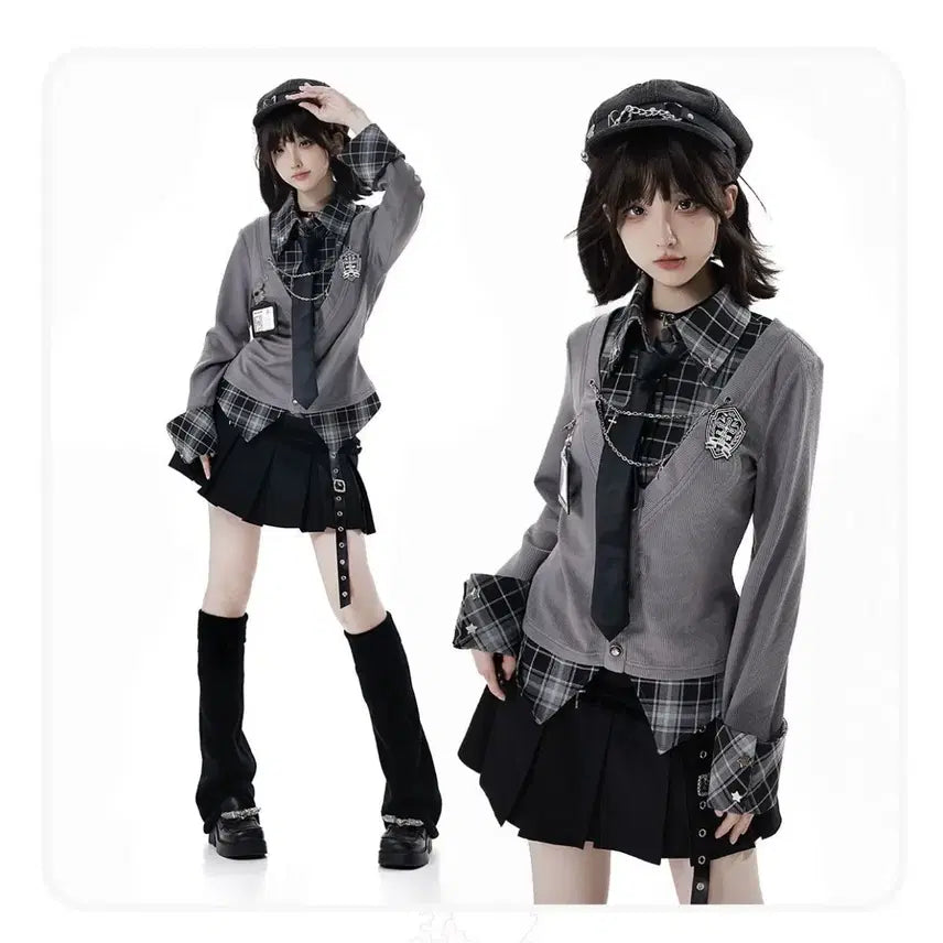 [BUNJANG] Dark Academy Checkered Layered Top &amp; Pleated Skirt Set / 다크 아카데미 체크 패턴 레이어드 상의 + 플리츠 스커트 세트(예약판매)