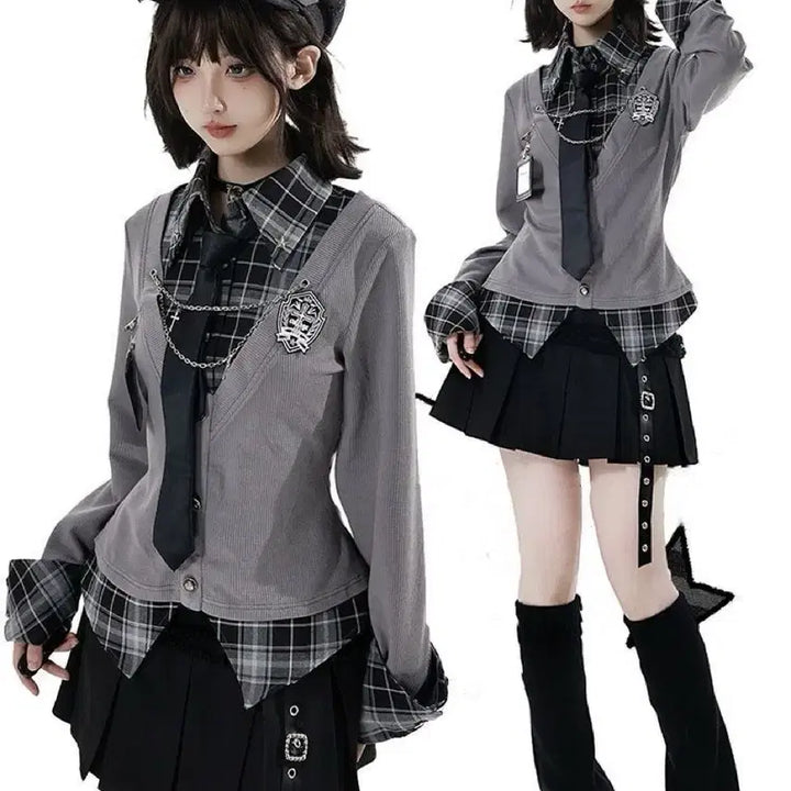 [BUNJANG] Dark Academy Checkered Layered Top &amp; Pleated Skirt Set / 다크 아카데미 체크 패턴 레이어드 상의 + 플리츠 스커트 세트(예약판매)
