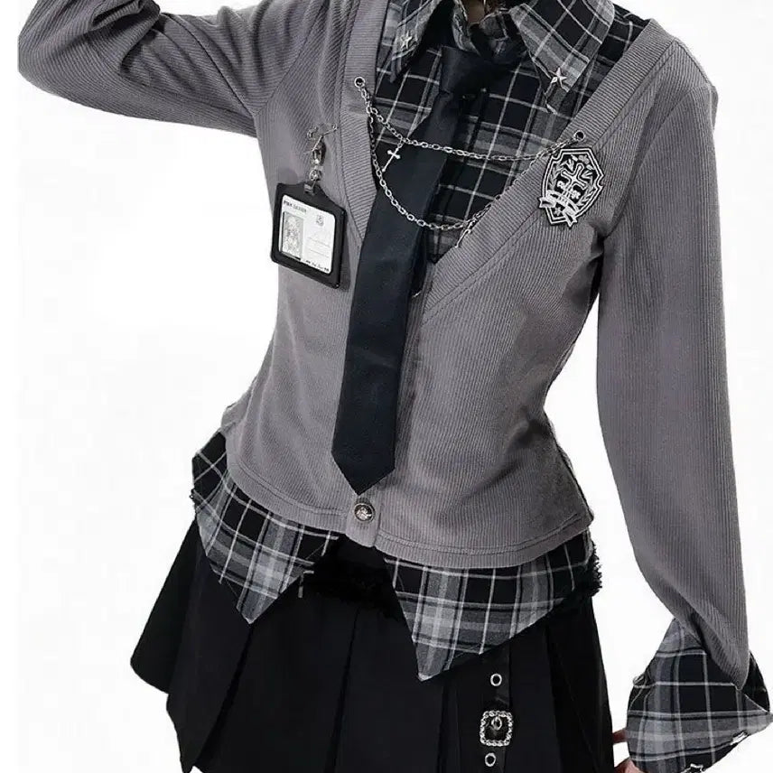 [BUNJANG] Dark Academy Checkered Layered Top &amp; Pleated Skirt Set / 다크 아카데미 체크 패턴 레이어드 상의 + 플리츠 스커트 세트(예약판매)