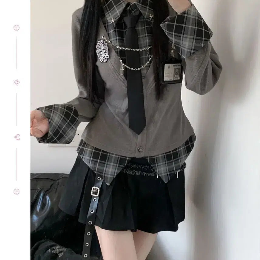 [BUNJANG] Dark Academy Checkered Layered Top &amp; Pleated Skirt Set / 다크 아카데미 체크 패턴 레이어드 상의 + 플리츠 스커트 세트(예약판매)