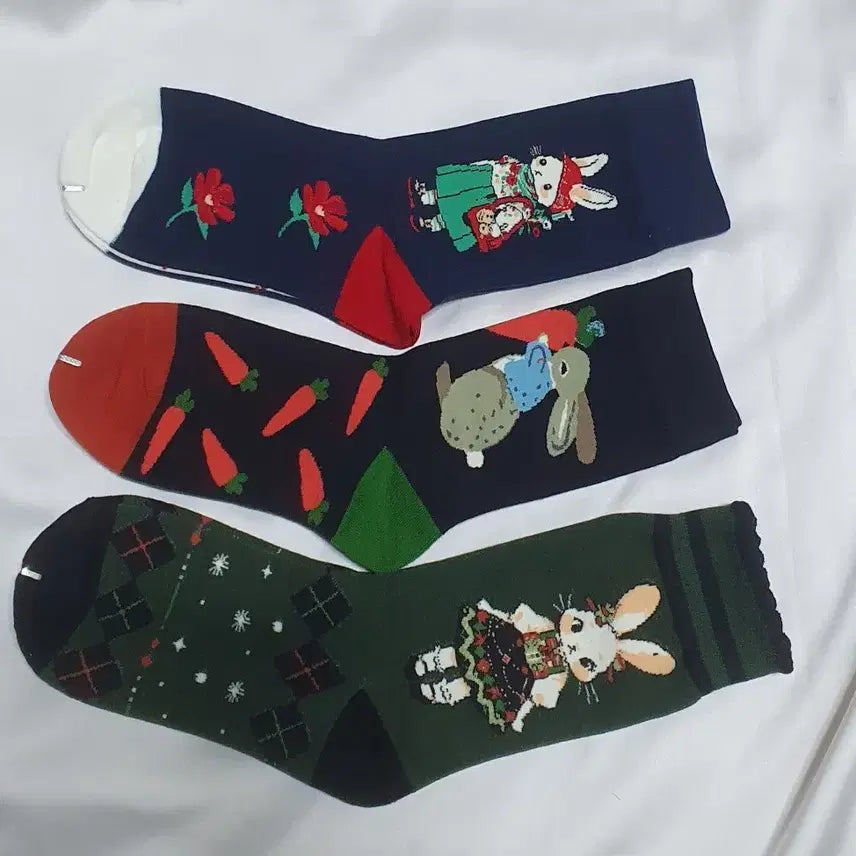 [BUNJANG] Rabbit Flower Carrot Socks / 개당가격이예요~ 그린 블루 토끼 꽃 당근 체크 스트라이프 양말