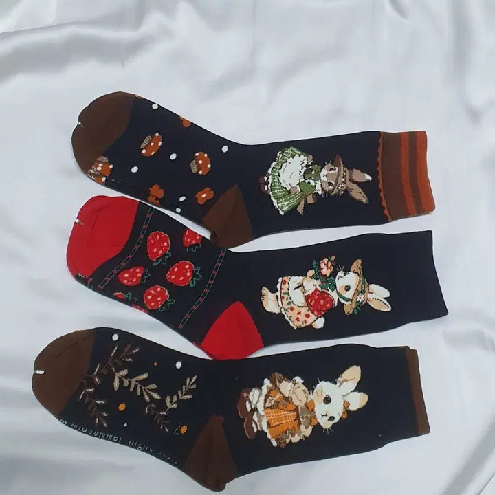 [BUNJANG] Animal Pattern Socks / 개당가격이예요~ 브라운 블랙 레드 동물패턴 토끼 버섯 딸기 양말