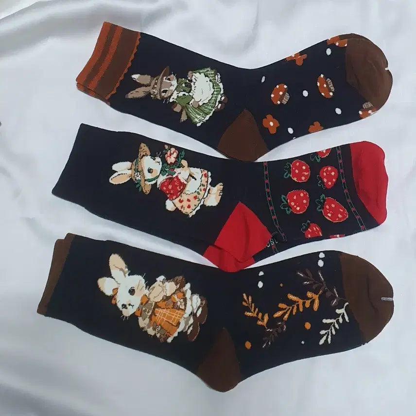 [BUNJANG] Animal Pattern Socks / 개당가격이예요~ 브라운 블랙 레드 동물패턴 토끼 버섯 딸기 양말