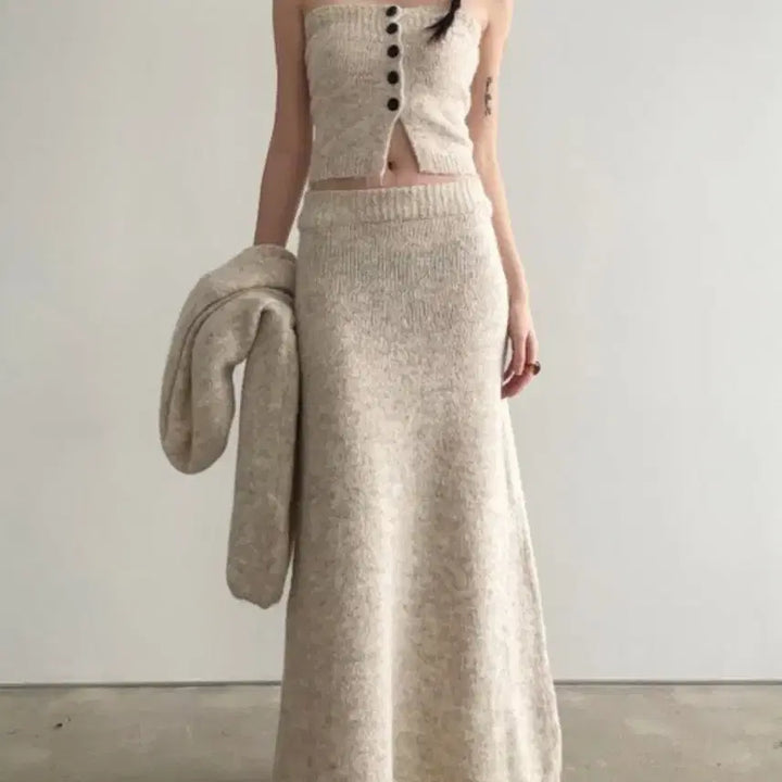 [BUNJANG] Adelio Charcoal Set (Cardigan + Top + Skirt) / 아델리오 가디건+탑+스커트 셋업