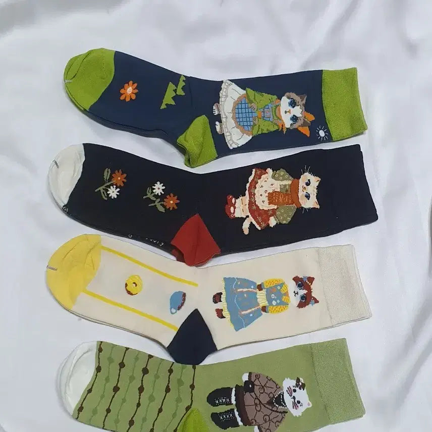 [BUNJANG] Cat Flower Heart Tea Time Socks / 개당가격이예요~ 그린 블루 라이트베이지 고양이 꽃 하트 티타임 양말