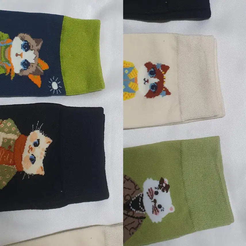 [BUNJANG] Cat Flower Heart Tea Time Socks / 개당가격이예요~ 그린 블루 라이트베이지 고양이 꽃 하트 티타임 양말