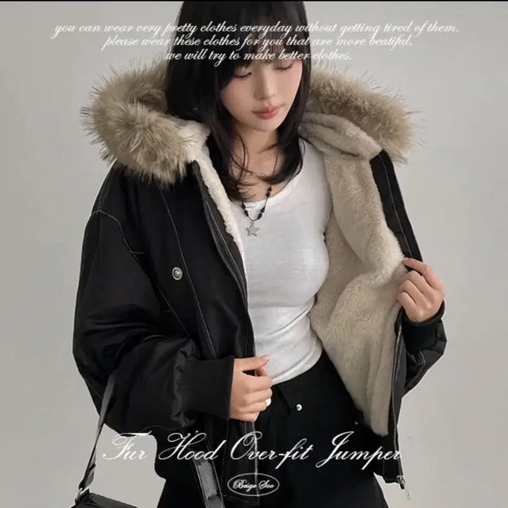 [BUNJANG] Beige Soo Faux Fur Hooded Parka Jacket / 베이지수 퍼 후드 야상 점퍼