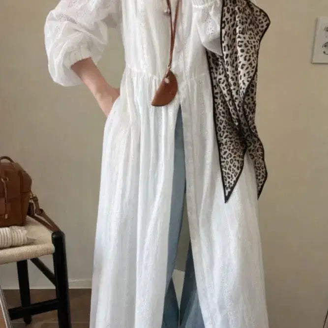 [BUNJANG] Women's Floral Embroidered Lace Long Shirt Dress / 여성 봄 레이스 플라워 꽃 자수 펀칭 롱 셔츠 루즈핏 오버핏 원피스