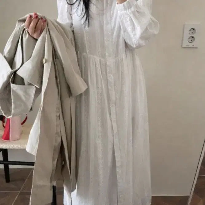 [BUNJANG] Women's Floral Embroidered Lace Long Shirt Dress / 여성 봄 레이스 플라워 꽃 자수 펀칭 롱 셔츠 루즈핏 오버핏 원피스