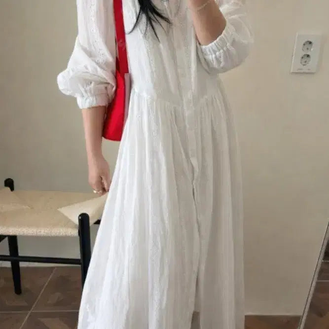 [BUNJANG] Women's Floral Embroidered Lace Long Shirt Dress / 여성 봄 레이스 플라워 꽃 자수 펀칭 롱 셔츠 루즈핏 오버핏 원피스