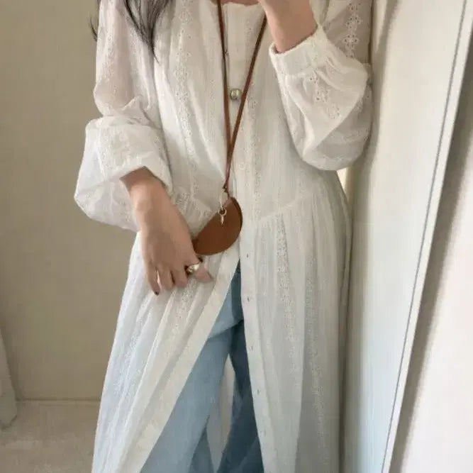 [BUNJANG] Women's Floral Embroidered Lace Long Shirt Dress / 여성 봄 레이스 플라워 꽃 자수 펀칭 롱 셔츠 루즈핏 오버핏 원피스